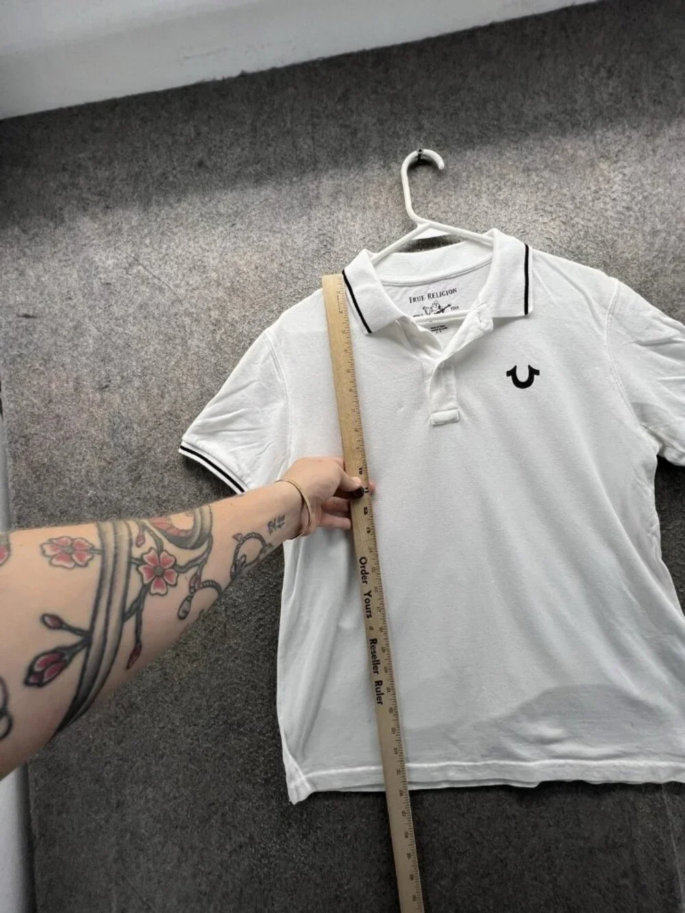 True Religion Polo Shirt Men Medium White Tipped Collar Logo Short Sleeve Casual